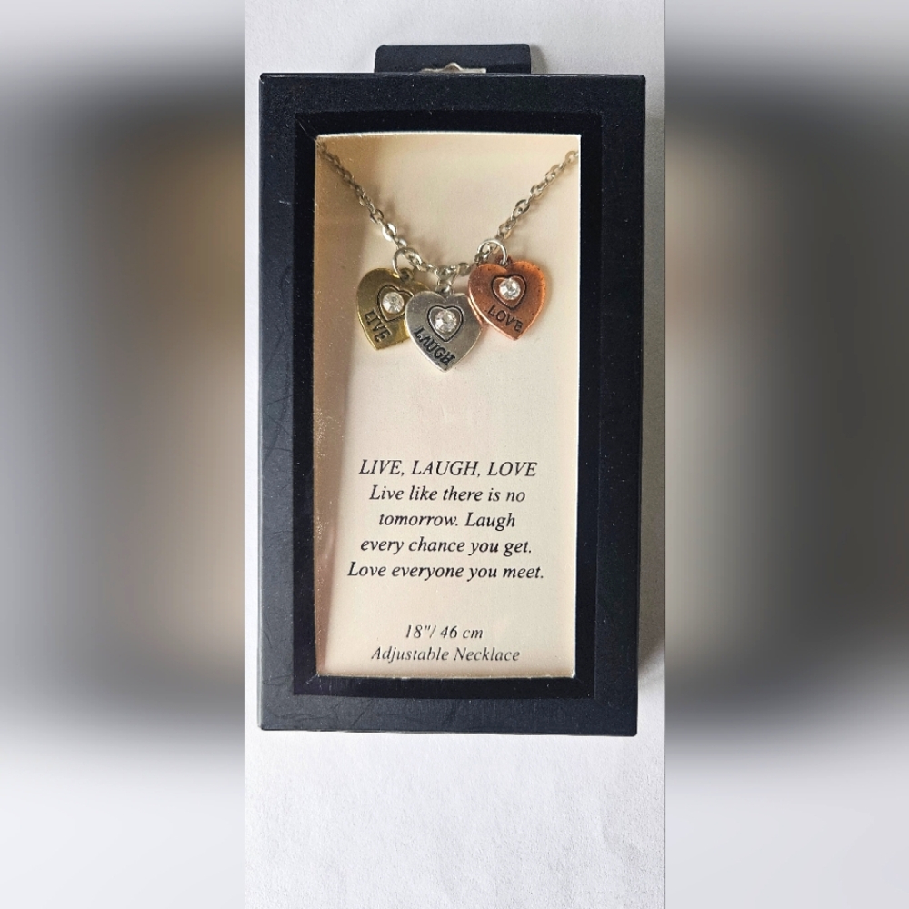 #104 3 Hearts Silver Bronze Gold Necklace Live Laugh Love